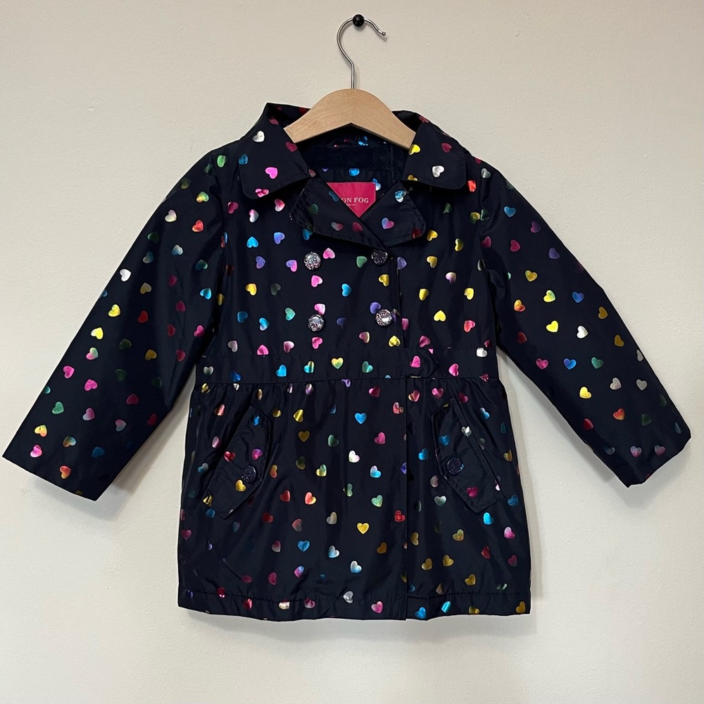 London Fog • 4T • Navy Foil Hearts Skirted Trench Fleece Lined Hood Body